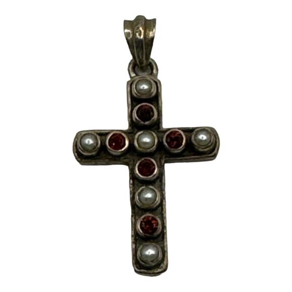 Sterling Silver Nicky Butler Cross Pendant Garnet and Pearl Made In India 1.5" - Picture 6 of 6